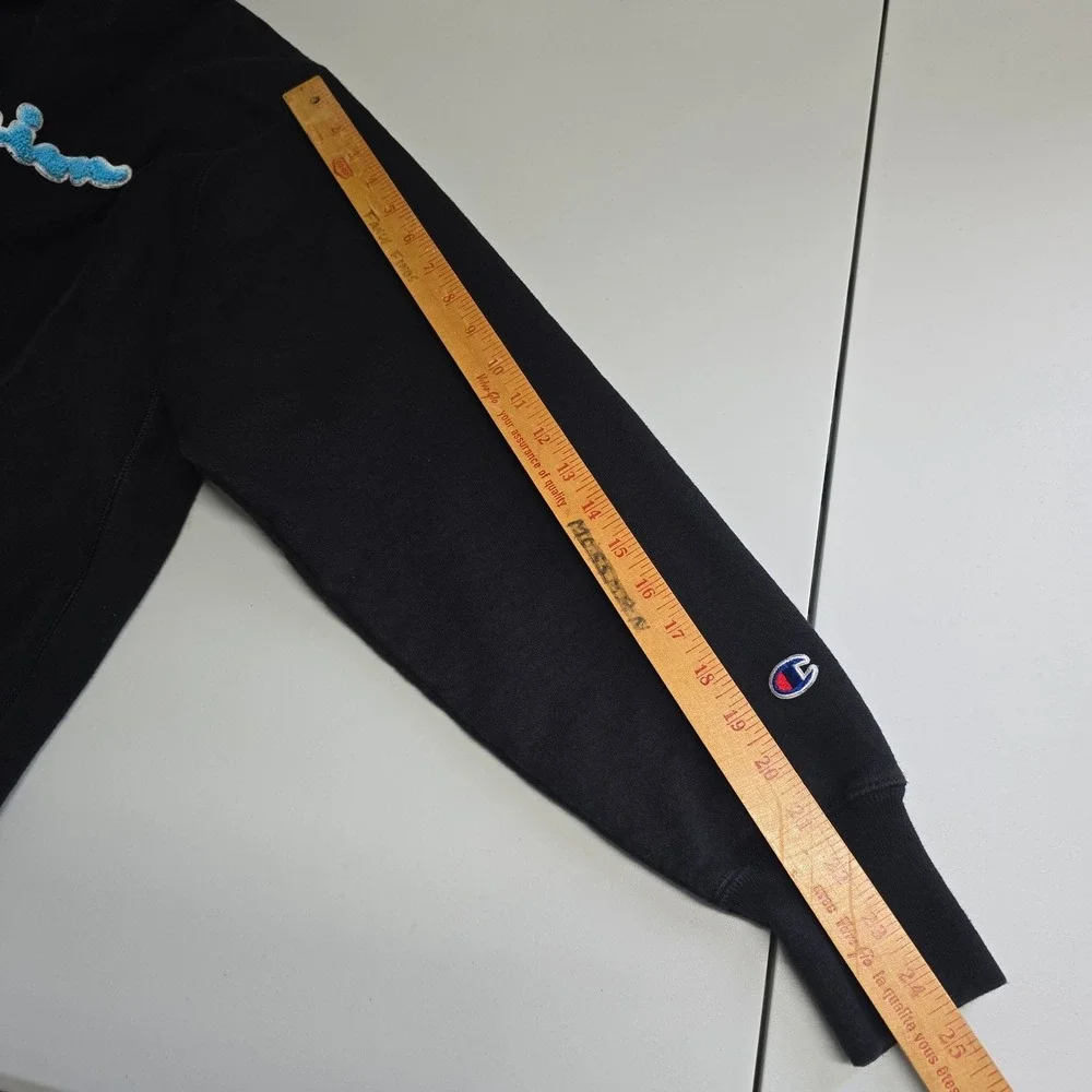 Champion Hoodie Mens L Black Reverse Weave Chenille Script Patch 19 Pullover - Picture 9 of 12